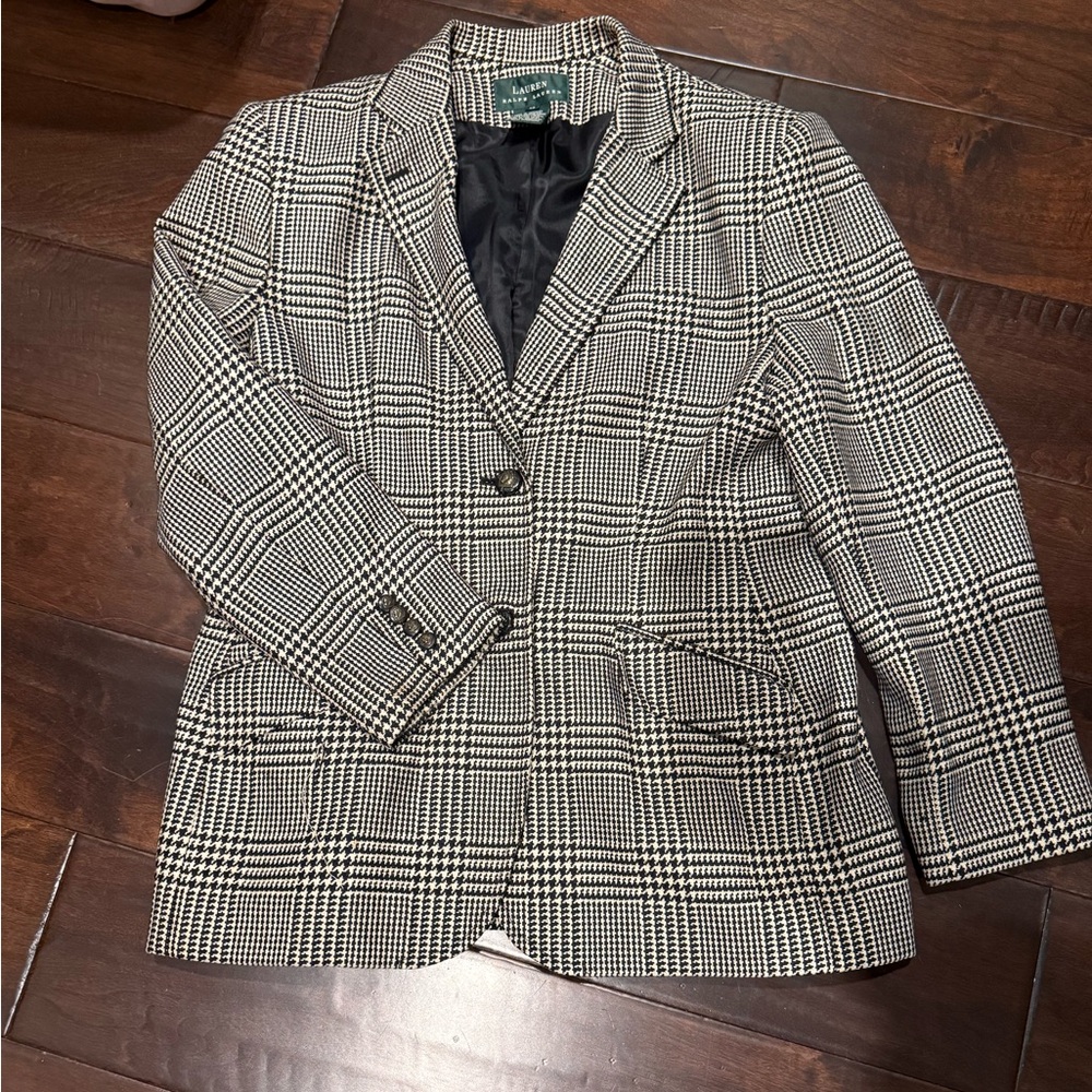 Lauren Ralph Lauren Wool Silk Cashmere Blazer Houndstooth Classic Career Jacket